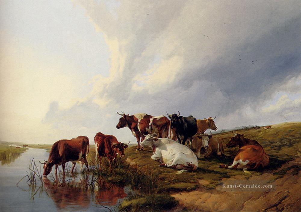 Abend in den Wiesen Bauernhof Tiere Rinder Thomas Sidney Cooper Ölgemälde